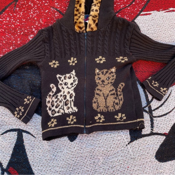 VTG HEARTWORKS BLACK RIBBED LEOPARD CAT GRAHIC ZIP UP SWEATER SIZE 4T - Picture 2 of 8